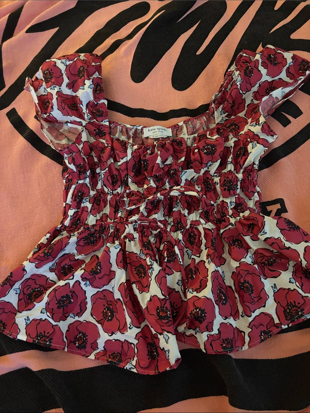 kate spade red and white floral smocked peplum crop top